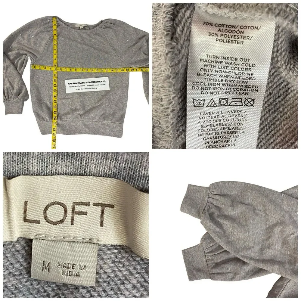 LOFT Sweatshirt Womens Medium Gray Pearl Embellished Balloon Sleeve Coquette